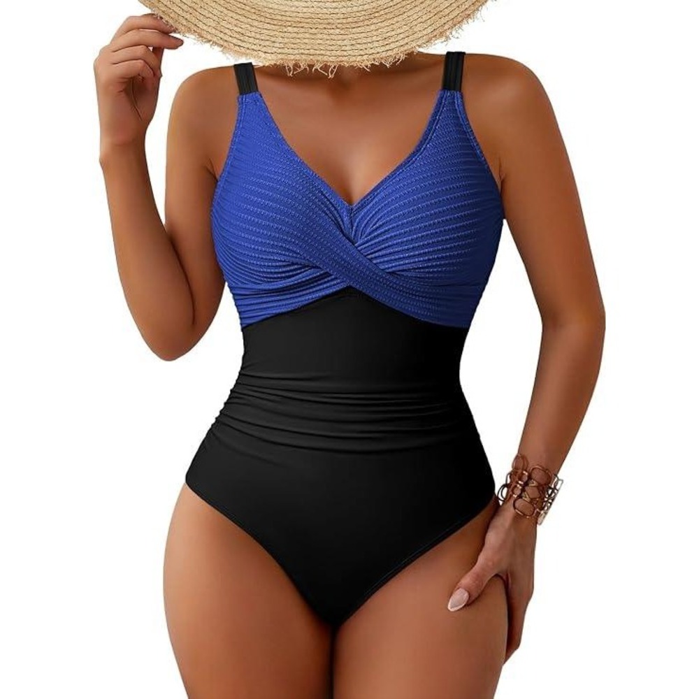 Pink Queen Womens One Piece Swimsuit Blue Black Tummy Control Ribbed Size XL NWT